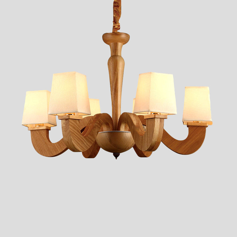 Modern Wood Curved Arm Chandelier With Trapezoid Fabric Shade - 6-Head Ceiling Lamp