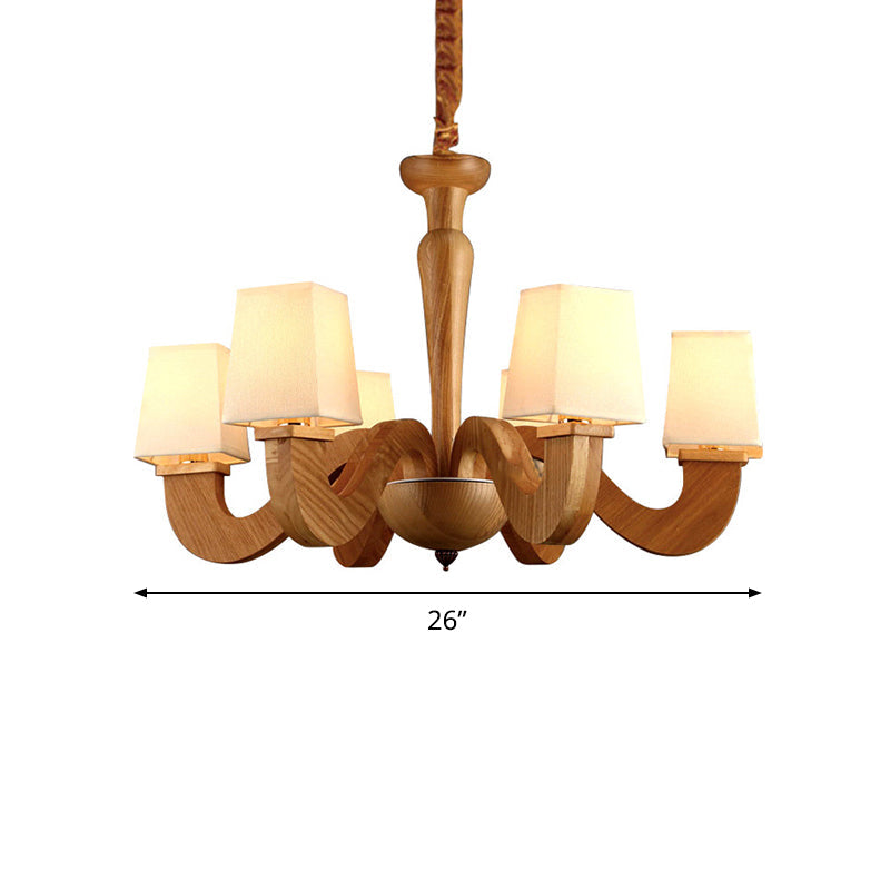 Modern Wood Chandelier with Curved Arms and Trapezoid Fabric Shades - 6 Head Ceiling Lamp