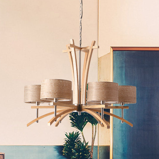 Modern Beige Radial Chandelier with Wood Suspended Shades - 3/6 Lights Pendant Lamp