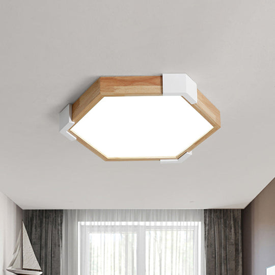 16"/20" W Hexagon Flush LED Bedroom Lamp in White/Warm Light - Simple Wood Design