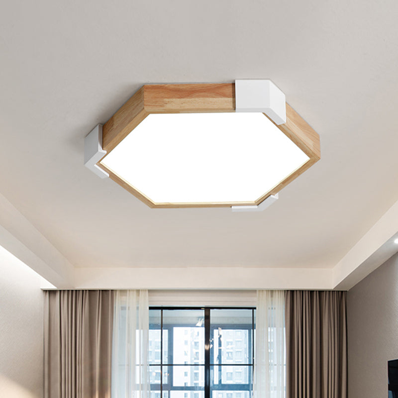 16"/20" W Hexagon Flush LED Bedroom Lamp in White/Warm Light - Simple Wood Design