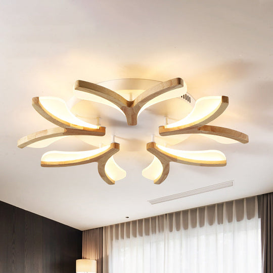 Modern Wood Y-Shape Semi Flush Light with 3/5 Heads - 23.5"/27.5" W LED Ceiling Lamp in Warm/White Light