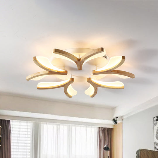 Modern Wood Y-Shape Semi Flush Light with 3/5 Heads - 23.5"/27.5" W LED Ceiling Lamp in Warm/White Light