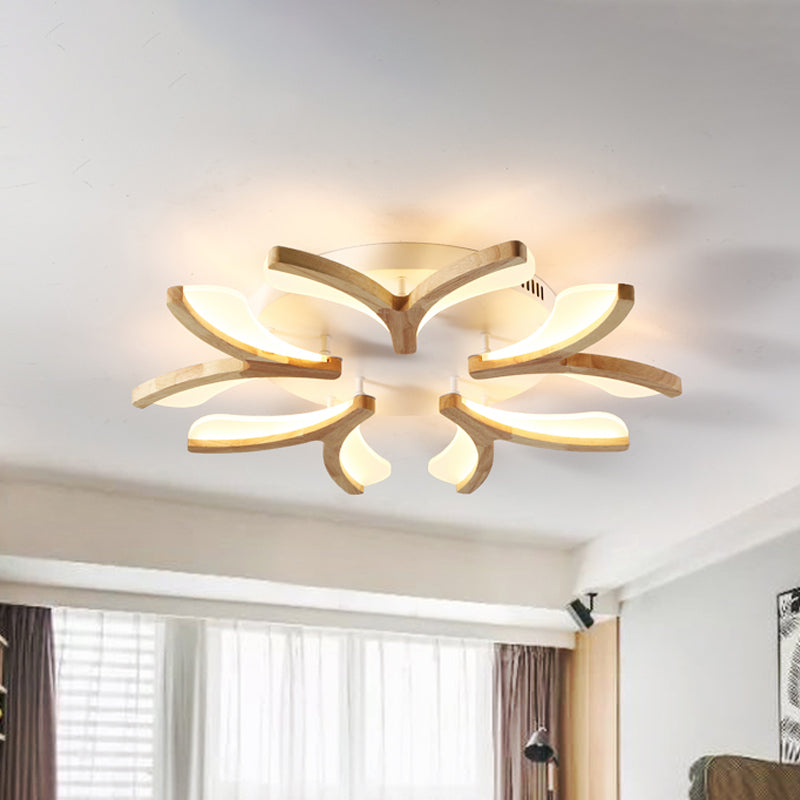 Modern Wood Y-Shape Semi Flush Light With 3/5 Heads - 23.5/27.5 W Led Ceiling Lamp In Warm/White