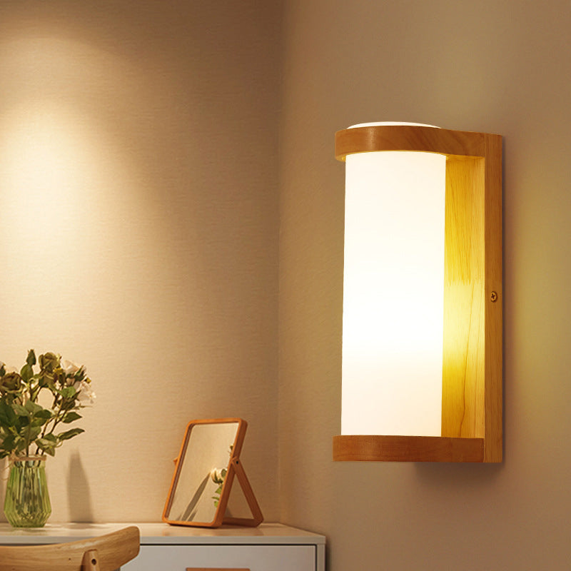 Wooden Rectangle Sconce Lamp With Opal Glass Shade - Simple Corner Wall Mount Lighting Wood