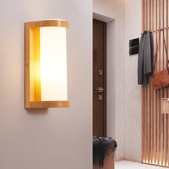 Wooden Rectangle Sconce Lamp With Opal Glass Shade - Simple Corner Wall Mount Lighting