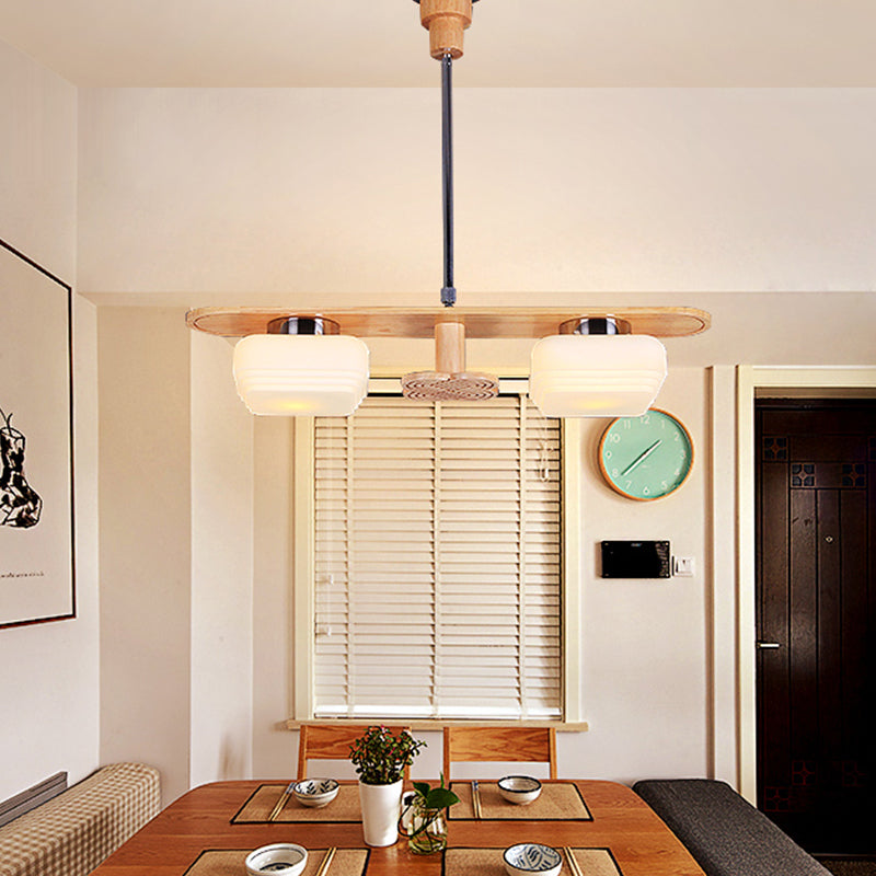 Modernist Wood Pendant Chandelier With Rectangular Frame 2 Lights Square Cream Glass Shade - Ideal