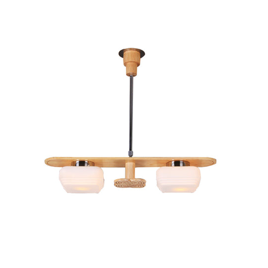 Modern Wood Pendant Chandelier with 2 Square Cream Glass Shades for Dining Room Ceiling