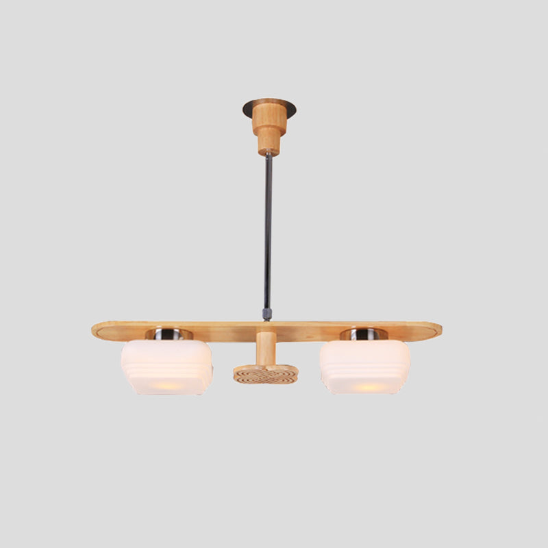 Modern Wood Pendant Chandelier with 2 Square Cream Glass Shades for Dining Room Ceiling