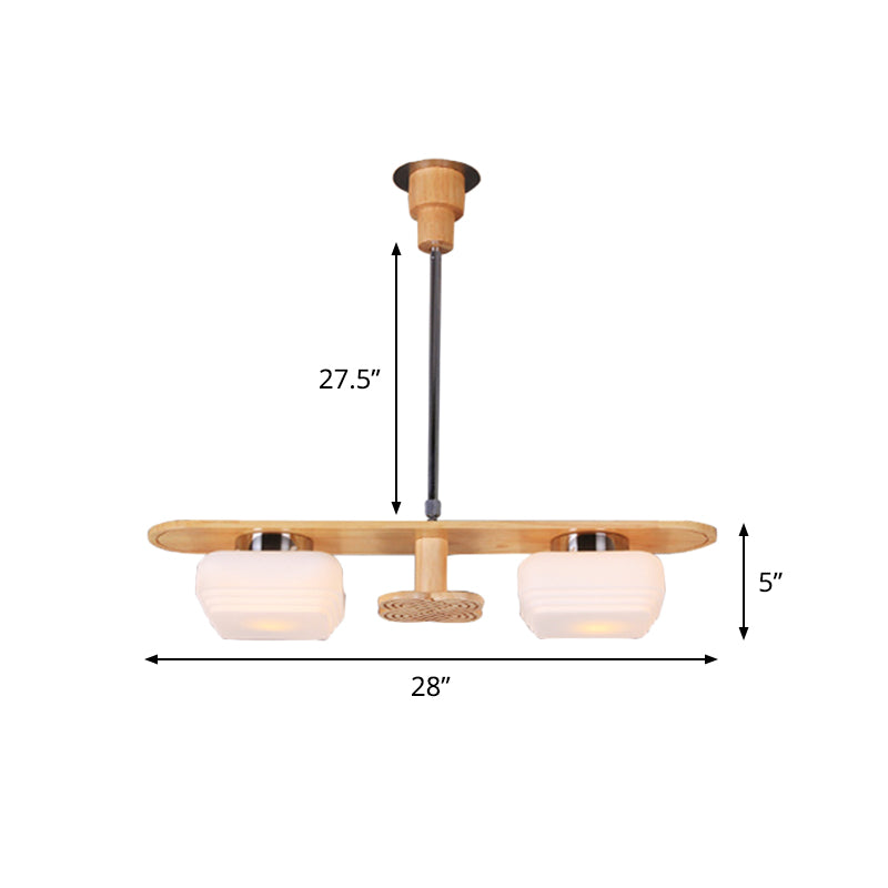 Modernist Wood Pendant Chandelier With Rectangular Frame 2 Lights Square Cream Glass Shade - Ideal