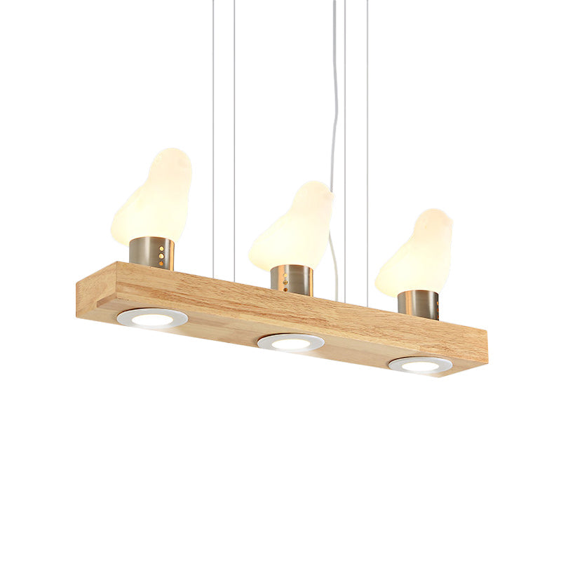 Modern Wood Island Light With White Glass Shades - Rectangular Design 3 Heads Dining Room Pendant