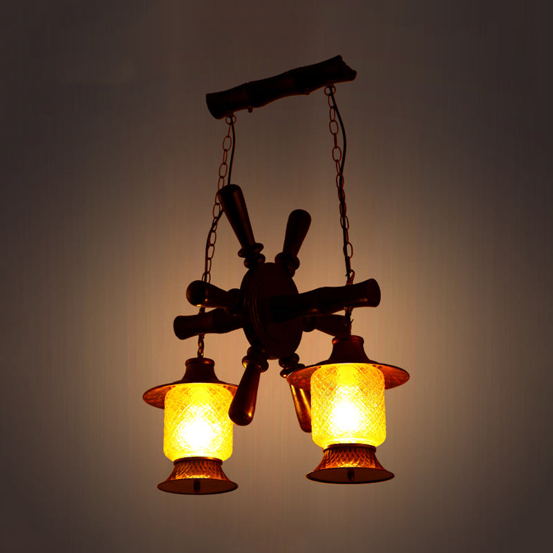 Vanessa - Kerosene Chandelier Lamp - 2 Lights, Yellow Grid Glass Pendant Ceiling