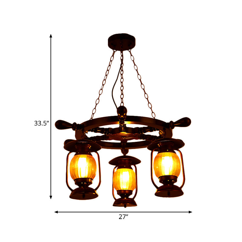 Alioth - Antiqued Copper Finish Kerosene Chandelier - Yellow Glass Pendant Lamp