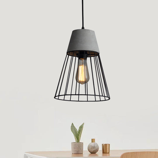 Antiqued Black/Rose Gold Conic Cage Ceiling Pendant Light with Cement Top and 1 Light