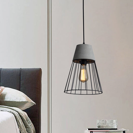 Antiqued Black/Rose Gold Conic Cage Ceiling Light With Cement Top - Pendant Lamp Fixture