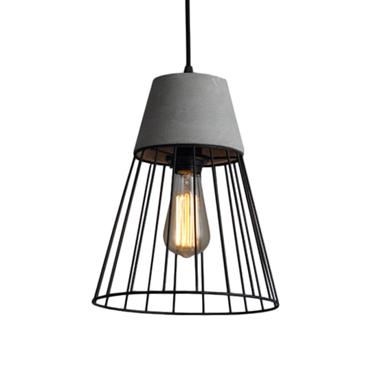 Antiqued Black/Rose Gold Conic Cage Ceiling Pendant Light with Cement Top and 1 Light