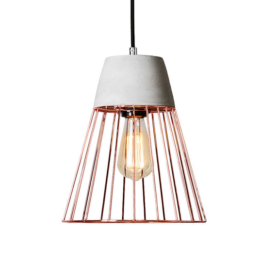 Antiqued Black/Rose Gold Conic Cage Ceiling Pendant Light with Cement Top and 1 Light