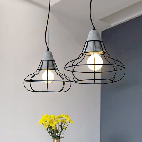 Industrial Iron Hanging Light Kit In Black - Pendant With Cage Design 1 Bulb Cement Cap