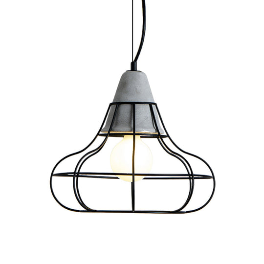 Industrial Iron Hanging Light Kit In Black - Pendant With Cage Design 1 Bulb Cement Cap / Arc