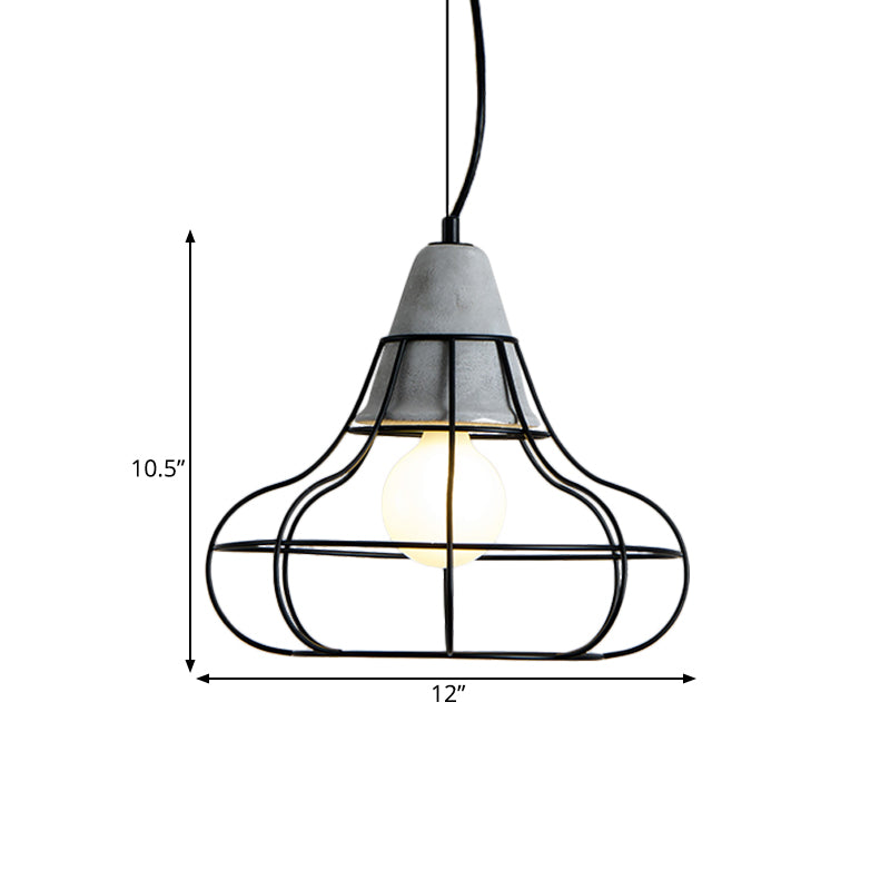 Industrial Iron Hanging Light Kit In Black - Pendant With Cage Design 1 Bulb Cement Cap