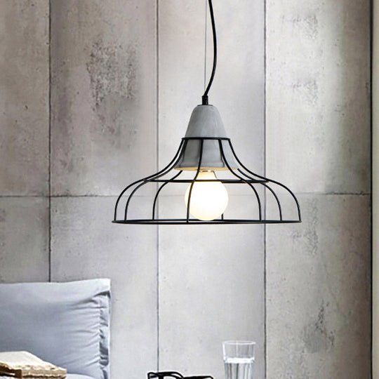 Industrial Iron Hanging Light Kit In Black - Pendant With Cage Design 1 Bulb Cement Cap