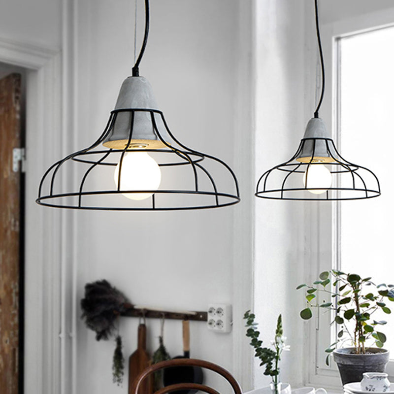 Industrial Iron Hanging Light Kit In Black - Pendant With Cage Design 1 Bulb Cement Cap