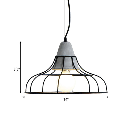 Industrial Iron Hanging Light Kit In Black - Pendant With Cage Design 1 Bulb Cement Cap