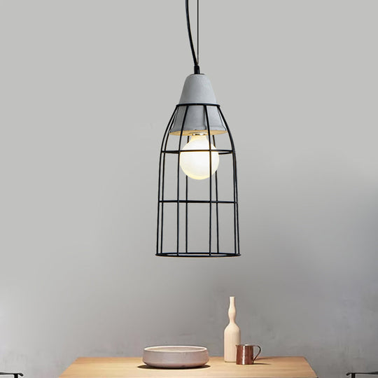 Industrial Iron Hanging Light Kit In Black - Pendant With Cage Design 1 Bulb Cement Cap / Cylinder