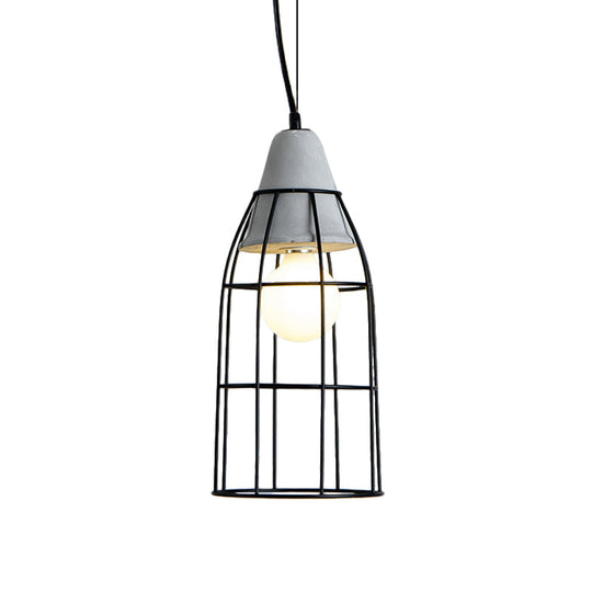 Industrial Iron Hanging Light Kit In Black - Pendant With Cage Design 1 Bulb Cement Cap