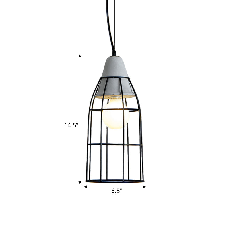 Industrial Iron Hanging Light Kit In Black - Pendant With Cage Design 1 Bulb Cement Cap