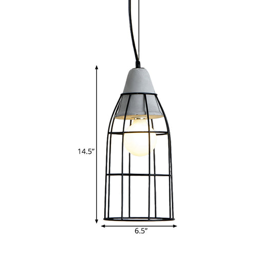 Industrial Iron Hanging Light Kit In Black - Pendant With Cage Design 1 Bulb Cement Cap