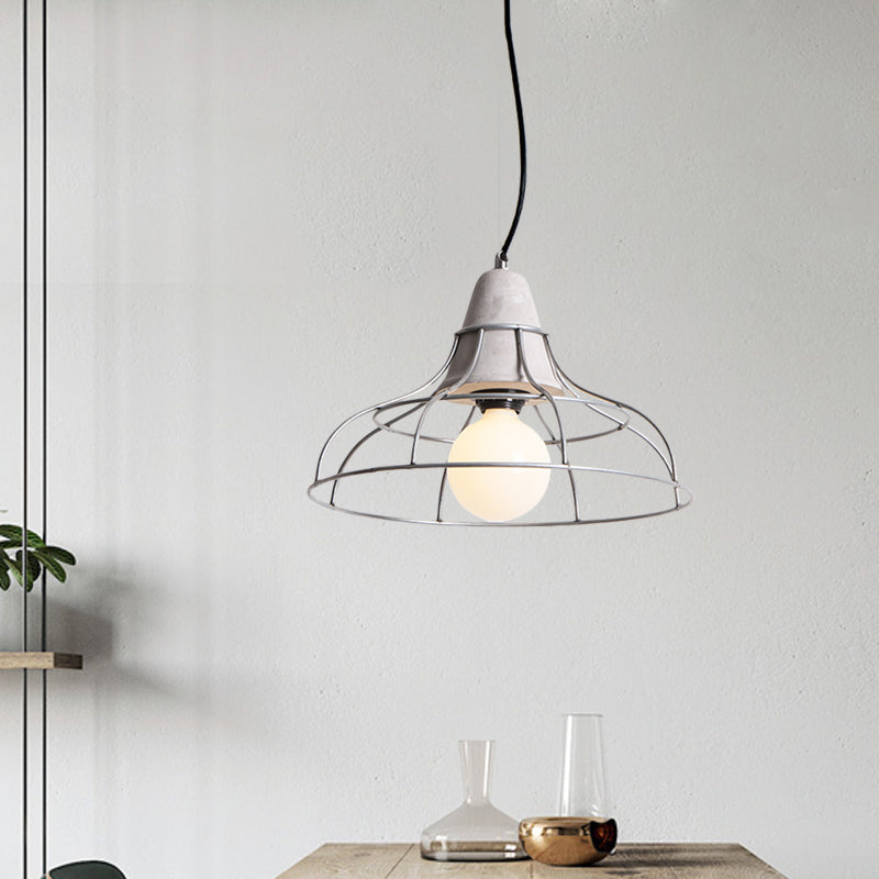 Industrial Silver Cage Pendant Light Fixture for Coffee House, 1 Head Iron, Cement Ceiling Lamp