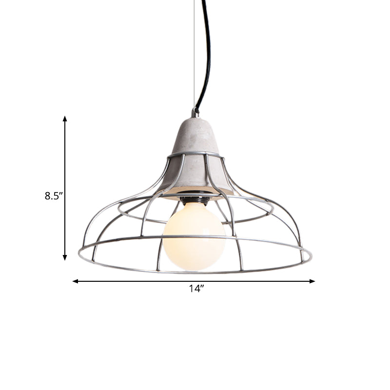 Industrial Silver Cage Pendant Light Fixture for Coffee House, 1 Head Iron, Cement Ceiling Lamp