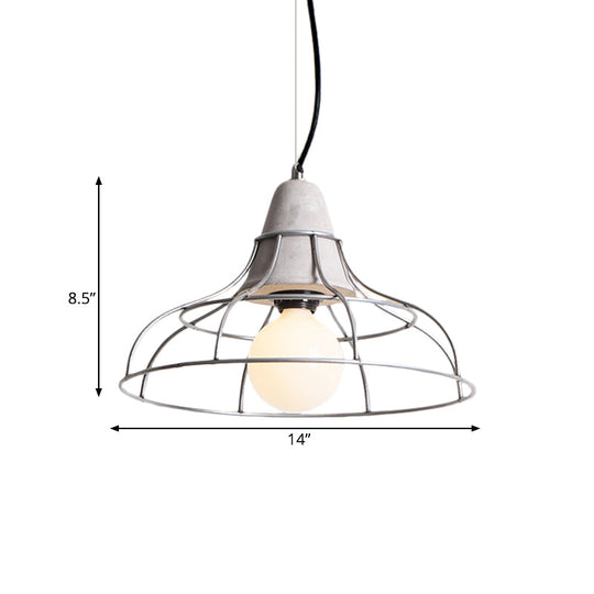 Industrial Silver Cage Pendant Light Fixture for Coffee House, 1 Head Iron, Cement Ceiling Lamp