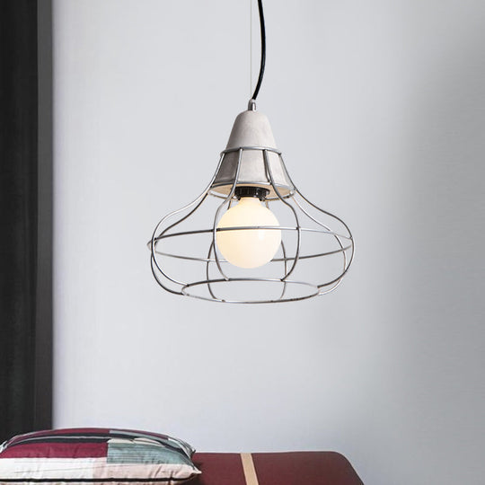 Industrial Silver Cage Pendant Light Fixture for Coffee House, 1 Head Iron, Cement Ceiling Lamp