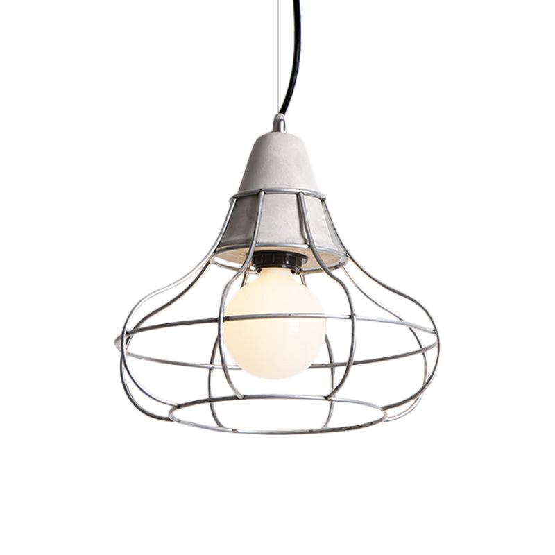 Industrial Silver Cage Pendant Light Fixture for Coffee House, 1 Head Iron, Cement Ceiling Lamp