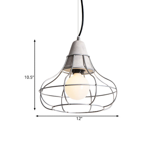 Industrial Silver Cage Pendant Light Fixture for Coffee House, 1 Head Iron, Cement Ceiling Lamp