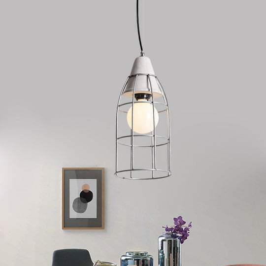 Industrial Silver Cage Pendant Light Fixture for Coffee House, 1 Head Iron, Cement Ceiling Lamp