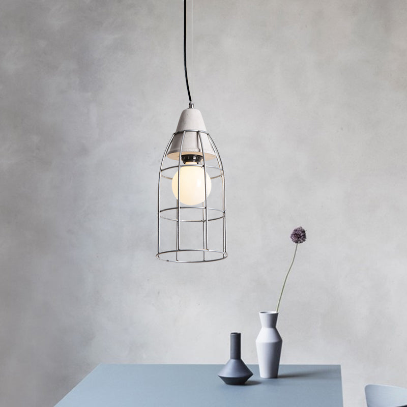 Industrial Silver Cage Pendant Light Fixture for Coffee House, 1 Head Iron, Cement Ceiling Lamp