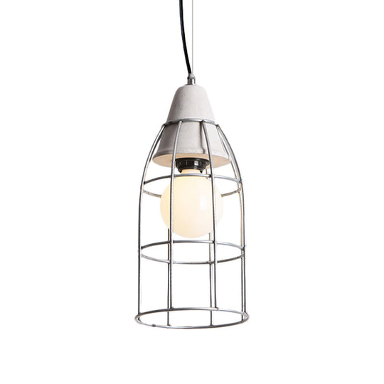 Industrial Silver Cylinder Pendant Light Fixture With Iron Head And Cage Design