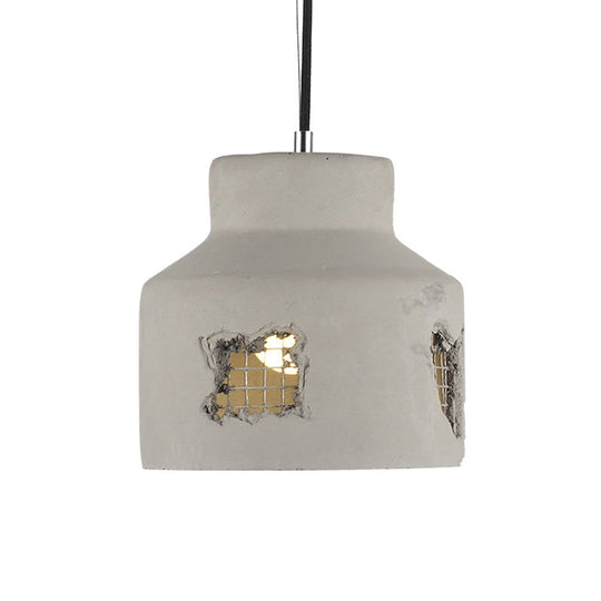 Antiqued Cement Pendant Lamp Fixture - Grey Cylinder/Dome Hanging Ceiling Light Bulb