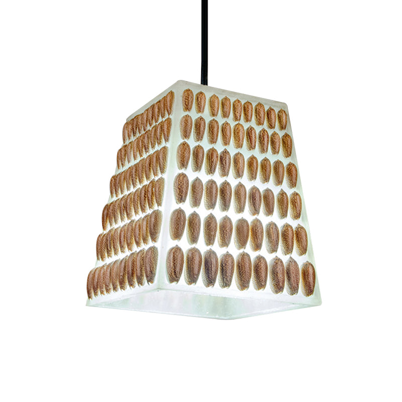 Industrial Resin Trapezoid Pendant Lamp - Brown 1-Head Hanging Light Kit with Conch Deco