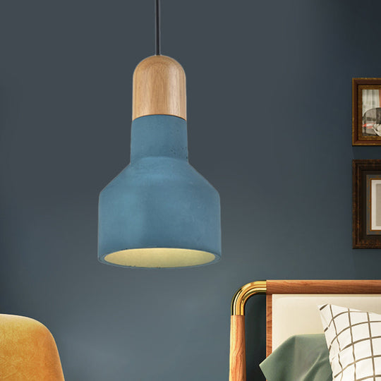 Jar Pendant Light Kit: Industrial Grey/Red/Blue Cement Hanging Lamp with Wood Top - 1-Bulb