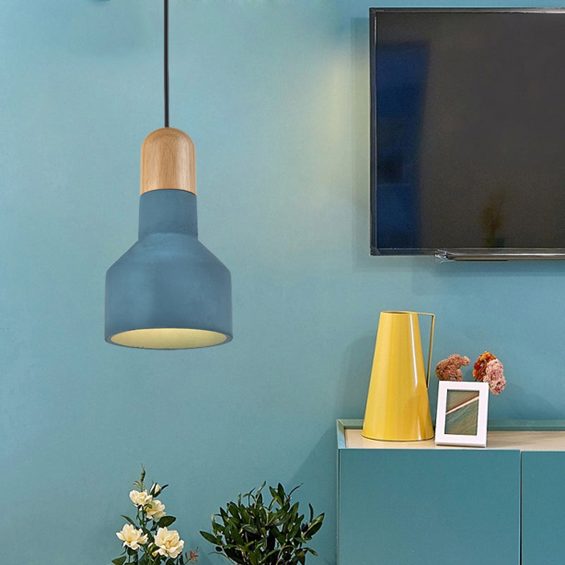 Industrial Grey/Red/Blue Cement Hanging Ceiling Lamp With Jar-Shaped Pendant And Wood Top