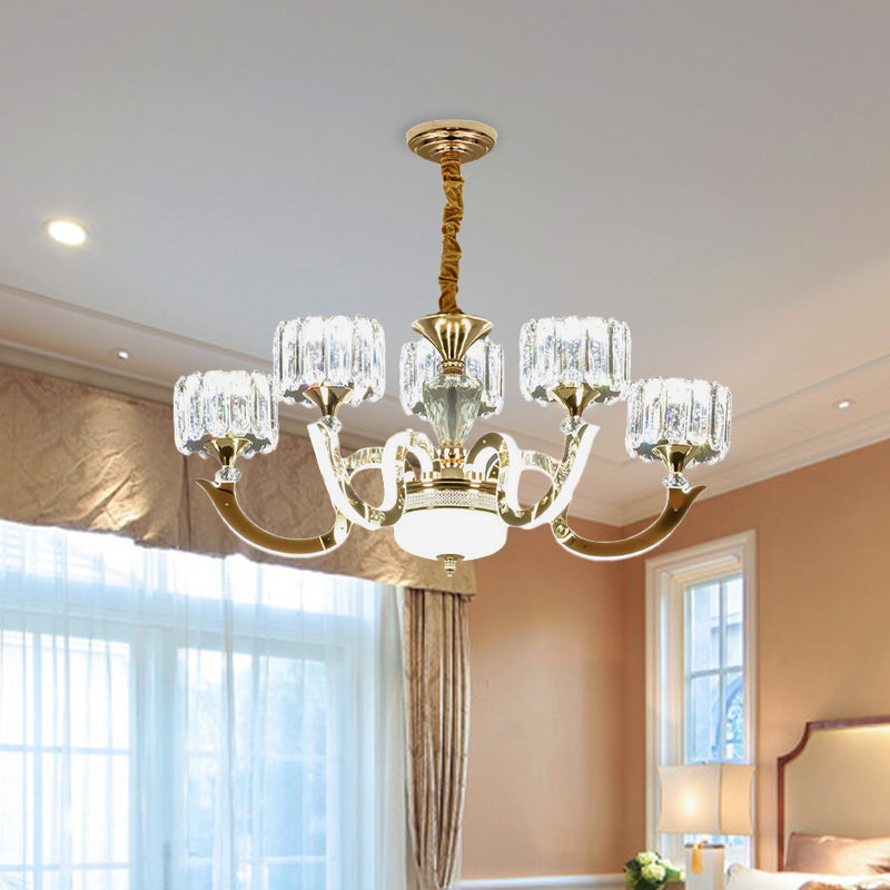 Modern Gold Drum Chandelier with Crystal Blocks - 3/5 Lights, LED, for Living Room