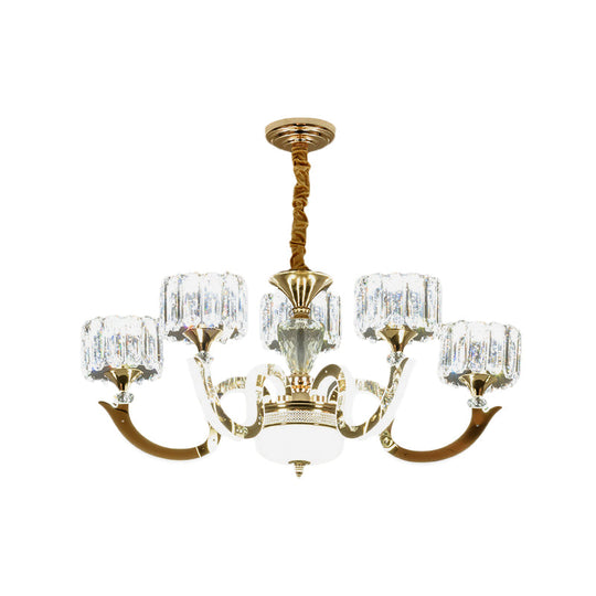 Modern Gold Drum Chandelier with Crystal Blocks - 3/5 Lights, LED, for Living Room