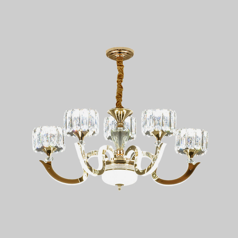 Modern Gold Drum Chandelier with Crystal Blocks - 3/5 Lights, LED, for Living Room