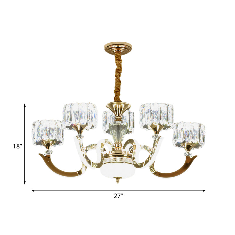 Modern Gold Drum Chandelier with Crystal Blocks - 3/5 Lights, LED, for Living Room