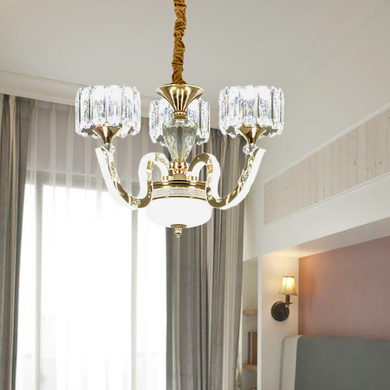 Modern Gold Drum Chandelier With Crystal Block Design - Led Ceiling Lamp For Living Room