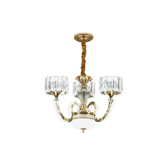 Modern Gold Drum Chandelier with Crystal Blocks - 3/5 Lights, LED, for Living Room